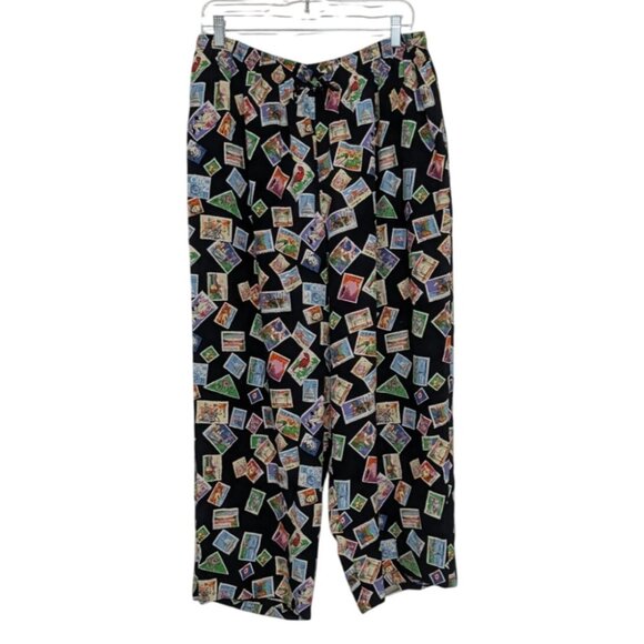 Vintage Postage Stamp Pants Womens Size 1X Black Travel Drawstring Pull On - Picture 1 of 13
